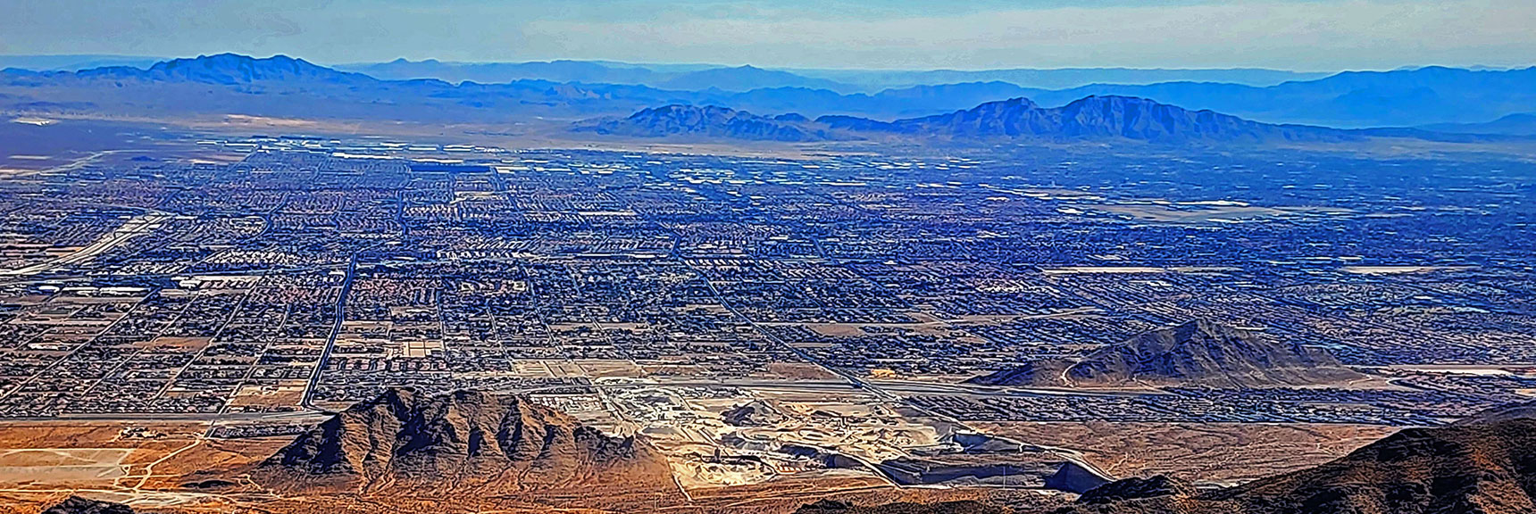 harris-springs-canyon-ridgeline-nevada-02-10-2025-050 Mid Vegas Valley. Sunrise Mt.; Frenchman Mt. (double hump) to the Right | Harris Springs Canyon Ridgeline | La Madre Mountains Wilderness, Nevada