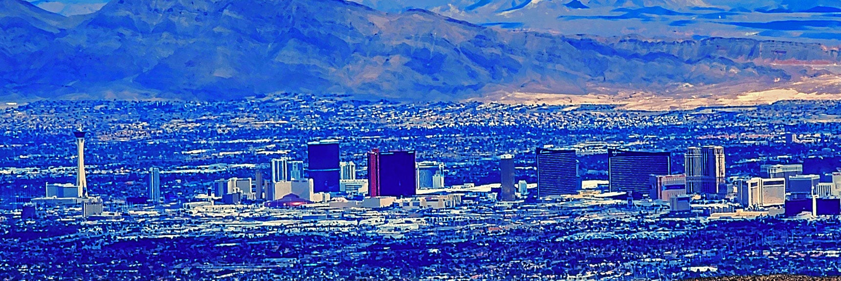 indecision-peak-summit-nevada-05-19-2025-025 Close Up of Vegas Strip. Frenchman Mt. Background | Indecision Peak Summit | Rainbow Mountain Wilderness, Nevada