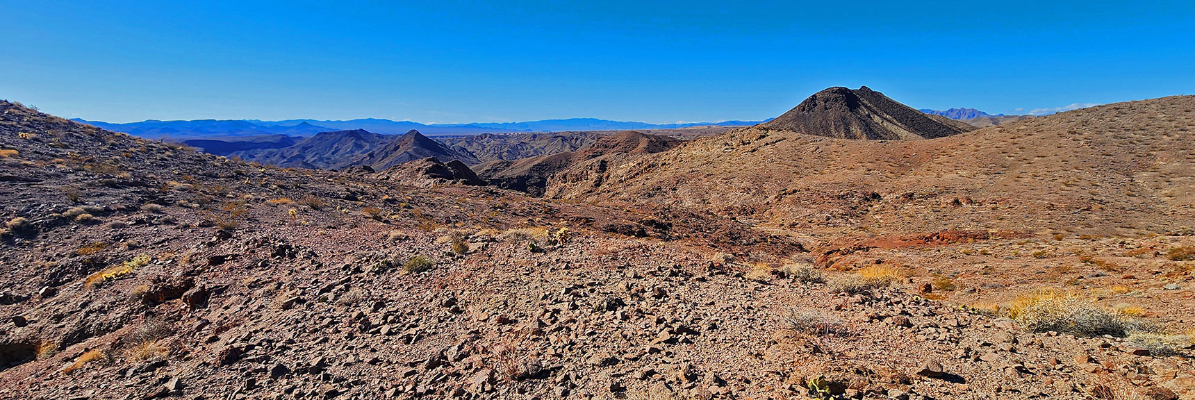 black-canyon-overlook-loop-nevada-02-06-2025-020 View to the West. Dark Volcanic Windbreak Peak to Left | Black Canyon Overlook Loop | Lake Mead NRA, Nevada