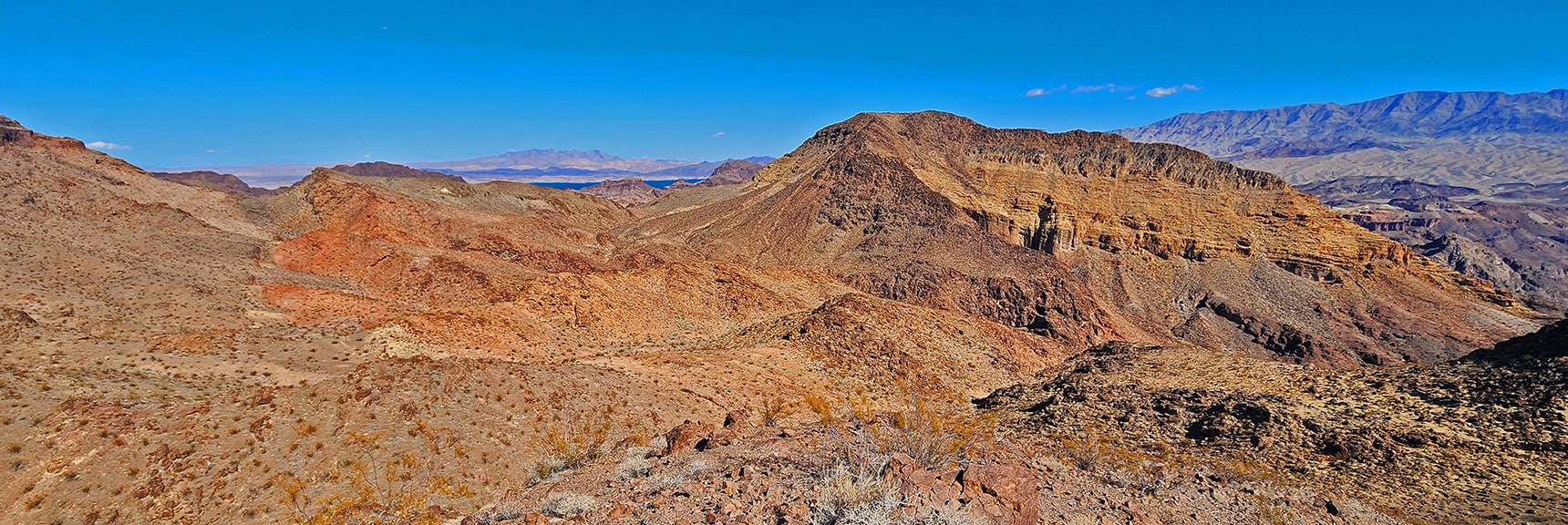 black-canyon-overlook-loop-nevada-02-06-2025-027 Turning Left Off Descent Ridge. Will Skirt Base of Overlook Cliffs | Black Canyon Overlook Loop | Lake Mead NRA, Nevada