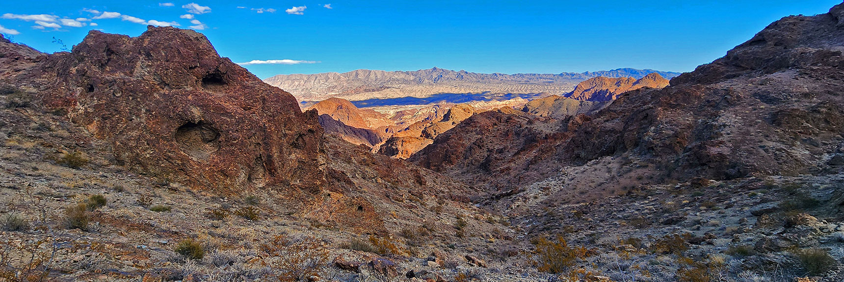 black-canyon-overlook-loop-nevada-02-06-2025-47 View Back Down Canyon Just Ascended. AZ Mt. Wilson on Horizon | Black Canyon Overlook Loop | Lake Mead NRA, Nevada