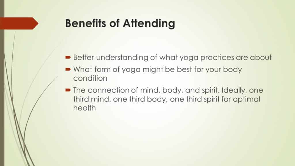 Customized Yoga Practice by Denise Tropea, Webinar in the Series "Achieving Your Optimal Health" Slide 5
