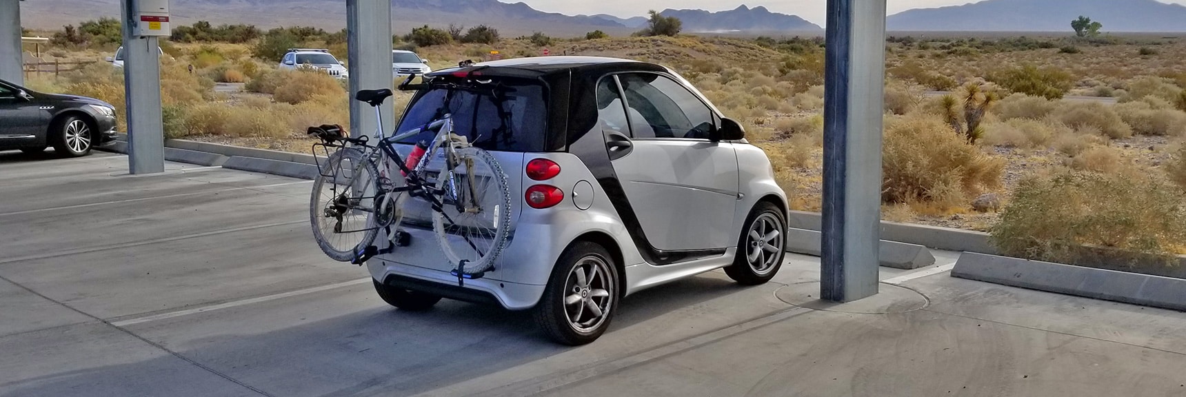 Mountain Bike Fitting Snugly on Smart Car, Arrival at Desert National Wildlife Refuge, Sheep Range, Nevada | Smart Car Bike Rack and Mountain Bike Test, Sheep Range, Nevada
