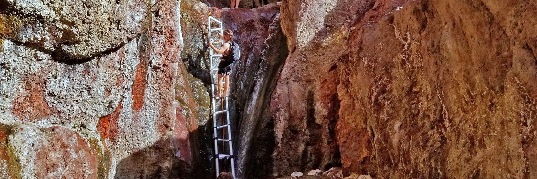 The Big Bad Ladder! 20-30ft, Slick, Showered with Water. Hang On! | Arizona Hot Spring | Liberty Bell Arch | Lake Mead National Recreation Area, Arizona