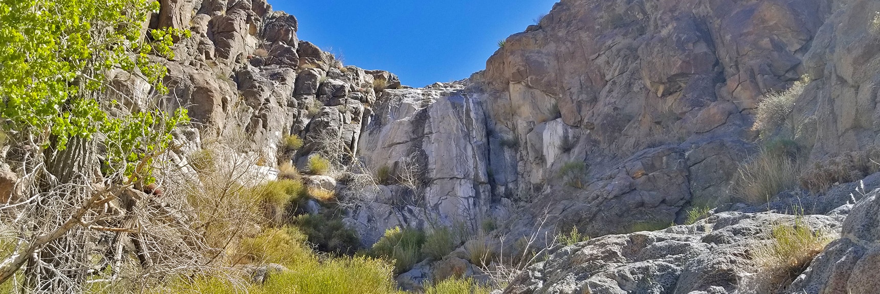 Barrier Dry Waterfall in Upper Horse Thief Canyon. Navigate Via Left Ridge. | Horse Thief Canyon Loop | Mt. Wilson | Black Mountains | Lake Mead National Recreation Area, Arizona