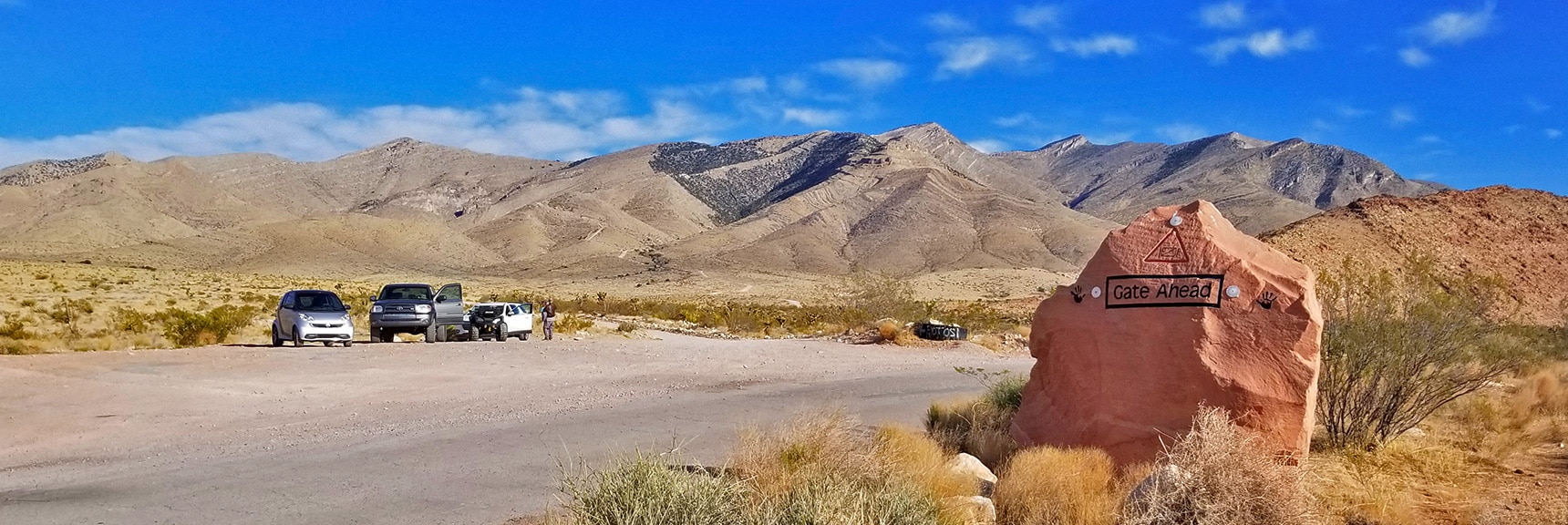 Warning Rock Parking Area at the End of Rainbow Quarry Road. Potosi Mountain Road Ahead | Potosi Mountain Spring Mountains Nevada