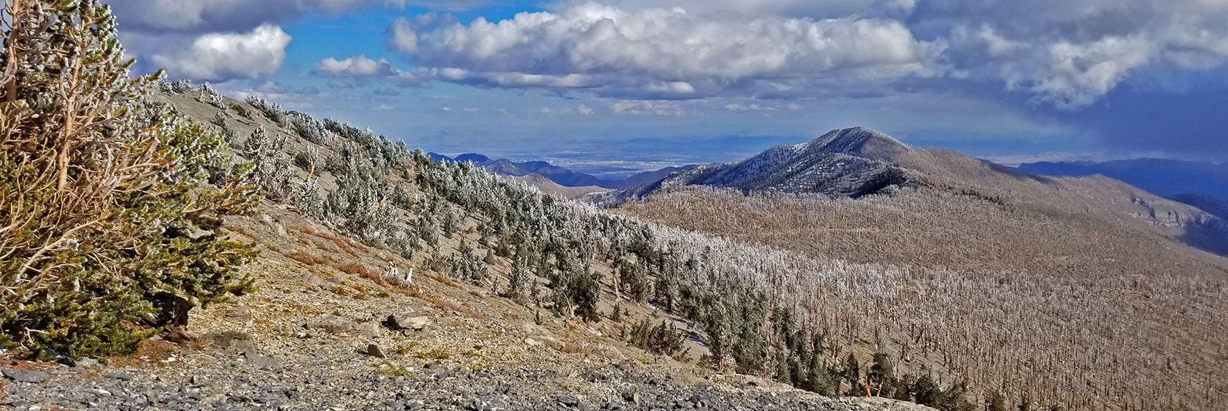 Griffith Peak and Burn Area Coming Into View from the High Saddle | Charleston Peak Loop October Snow Dusting | Mt. Charleston Wilderness | Spring Mountains, Nevada