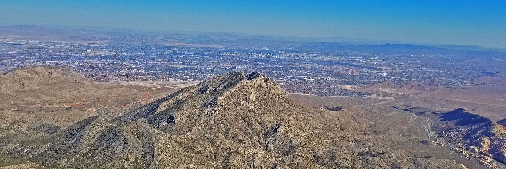 Damsel Peak, Las Vegas Valley and Strip, Frenchman Mt, Lake Mead from La Madre Mt Summit | La Madre Mountain,, El Padre Mountain, Burnt Peak | La Madre Mountains Wilderness, Nevada