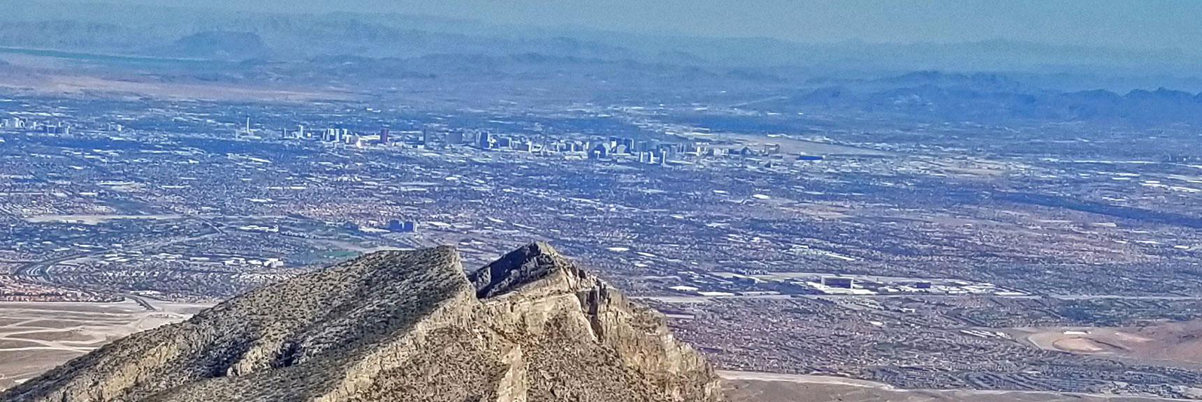 Damsel Peak and Las Vegas Strip from La Madre Mt Summit | La Madre Mountain,, El Padre Mountain, Burnt Peak | La Madre Mountains Wilderness, Nevada