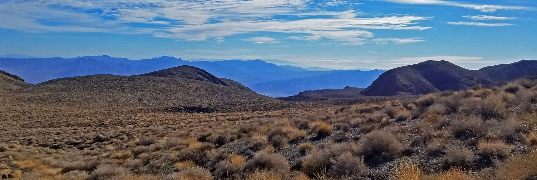 View South Down Death Valley, Mt. Charleston Wilderness Faint in Distance | Skidoo Stamp Mill, Panamint Mountains, Death Valley National Park, CA