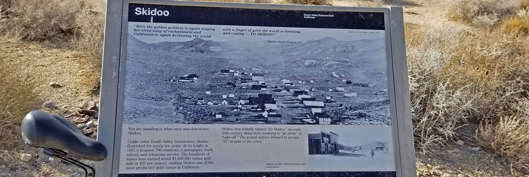 Interpretive Sign Shows Skidoo at its Height 1907-1917 | Skidoo Stamp Mill, Panamint Mountains, Death Valley National Park, CA