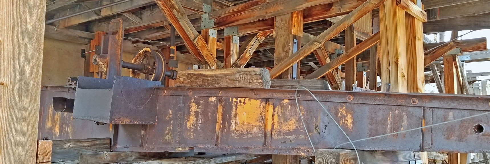 Continuing Down Side of Stamp Mill. Note Newer Support Cables Recently Installed | Skidoo Stamp Mill, Panamint Mountains, Death Valley National Park, CA