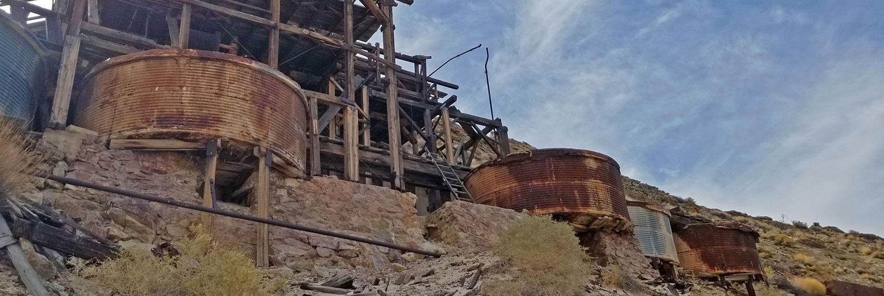 4 Mercury Amalgamation Tables and Nine Cyanide Tanks Were Used in Gold Extraction Process | Skidoo Stamp Mill, Panamint Mountains, Death Valley National Park, CA