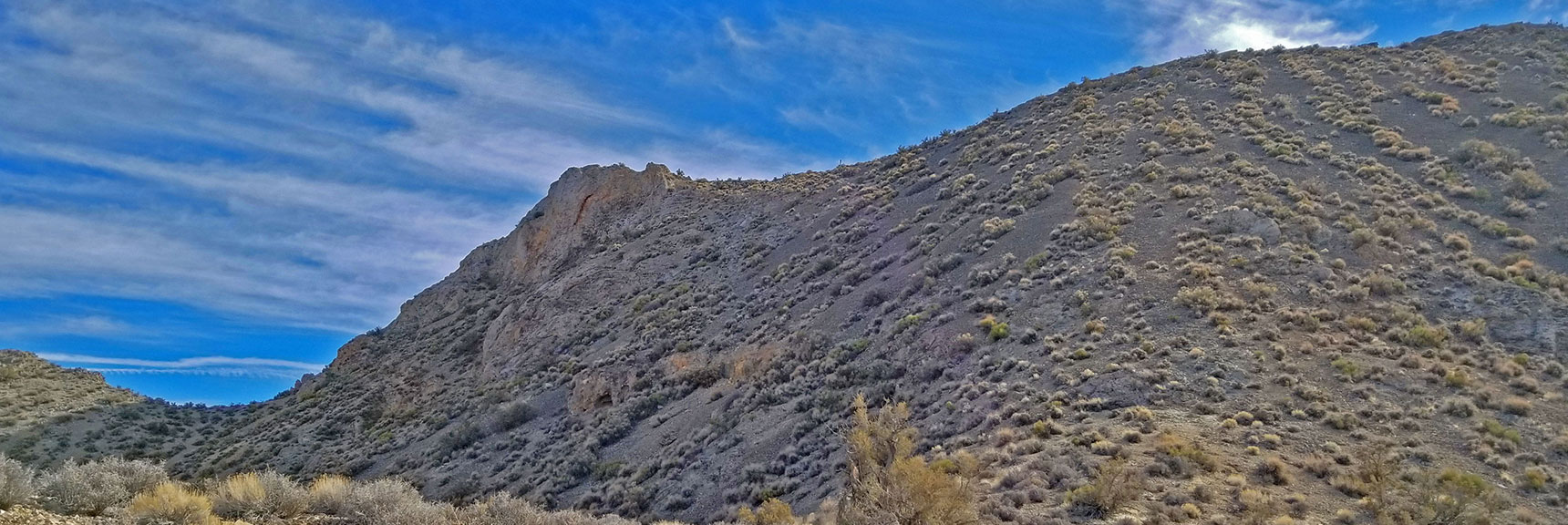 View Back to Steepest Area of Gass Peak Gauntlet Just Below Mid-Summit Rocky Bluff Area. | Gass Peak Grand Crossing | Desert National Wildlife Refuge to Centennial Hills Las Vegas via Gass Peak Summit by Foot
