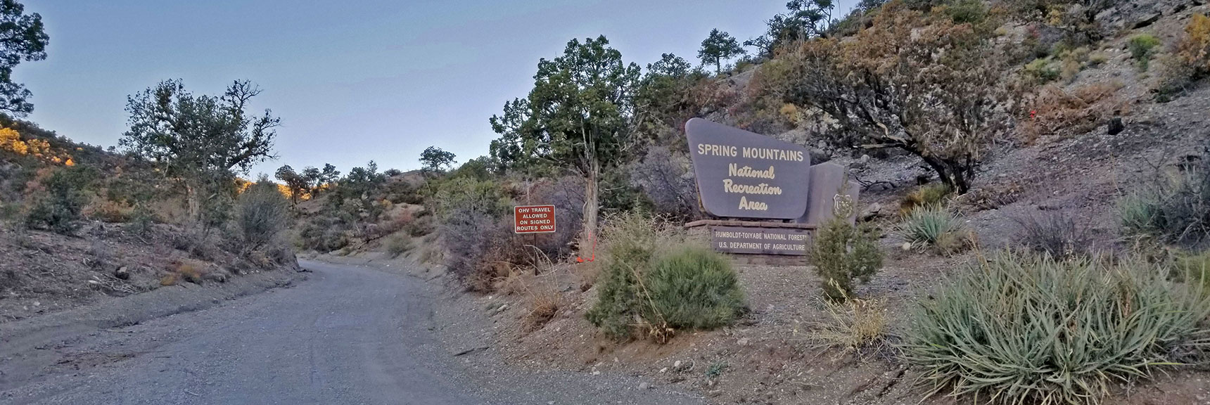 Entering Spring Mountains National Rec Area on Potosi Canyon Road. Note OHV Sign. | Potosi Mountain Northern Cliffs Trail | Spring Mountains, Nevada
