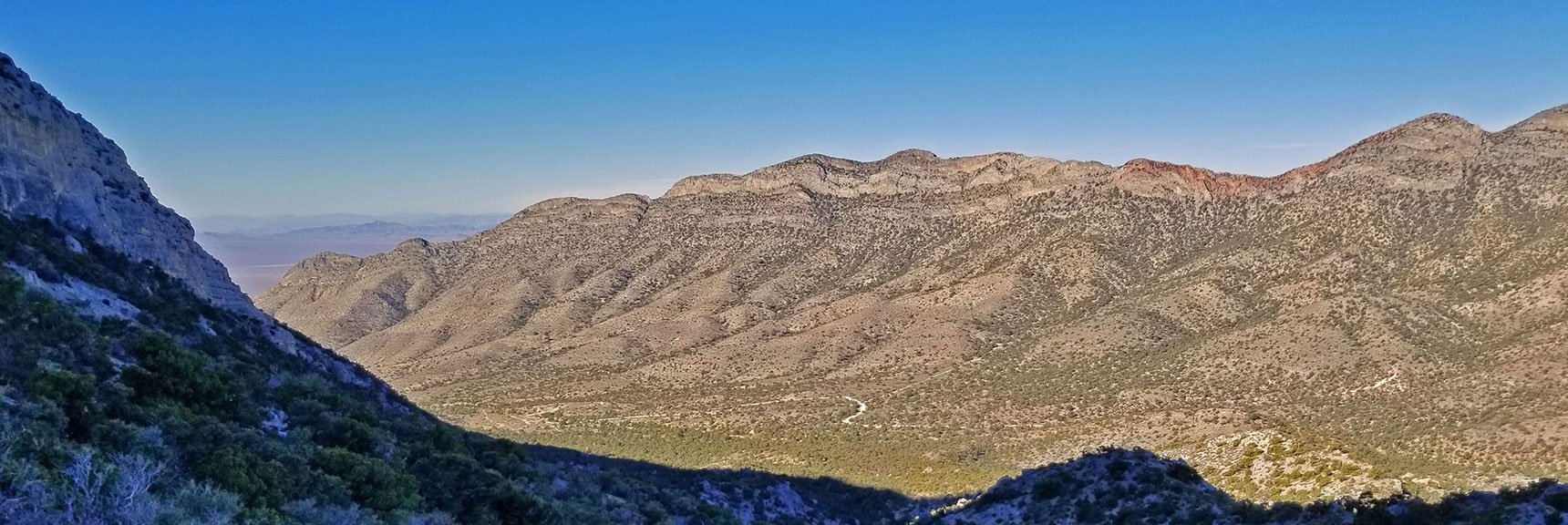 View Back to Potosi Springs Area from Cliff Base and Beginning of Northern Potosi Mt Cliffs Trail | Potosi Mountain Northern Cliffs Trail | Spring Mountains, Nevada