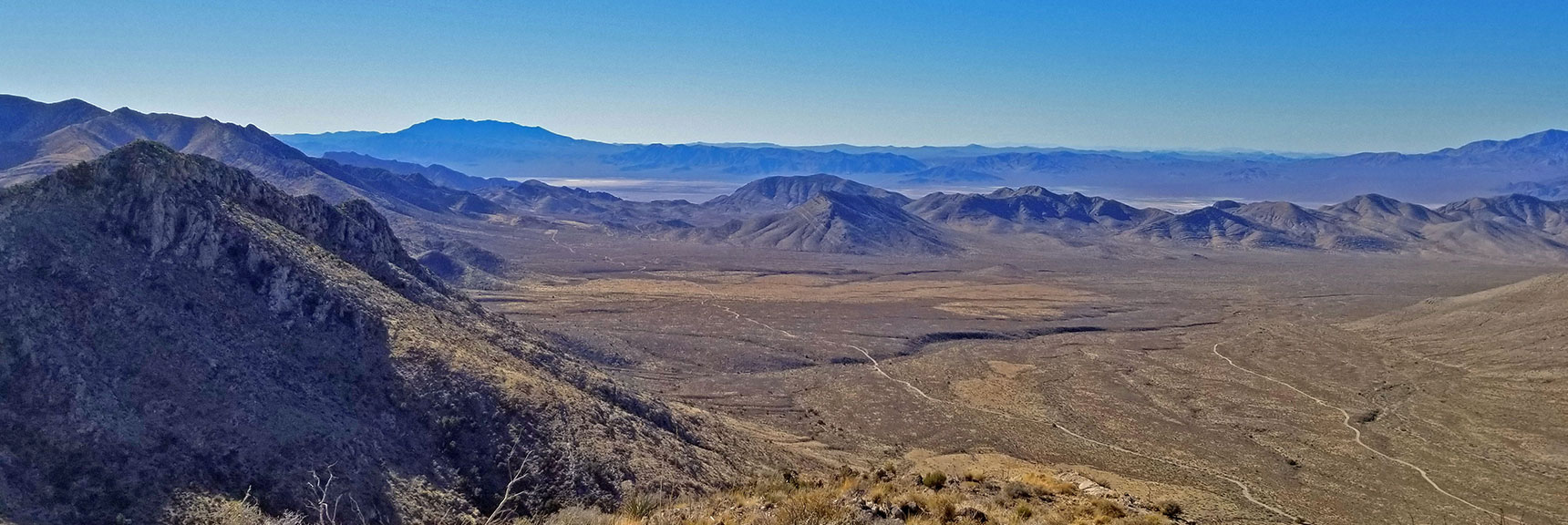View Down to the Split Between Mexican Spring Road (left) and Potosi Pass Rd (right) | Potosi Mt. Summit via Western Cliffs Ridgeline, Spring Mountains, Nevada