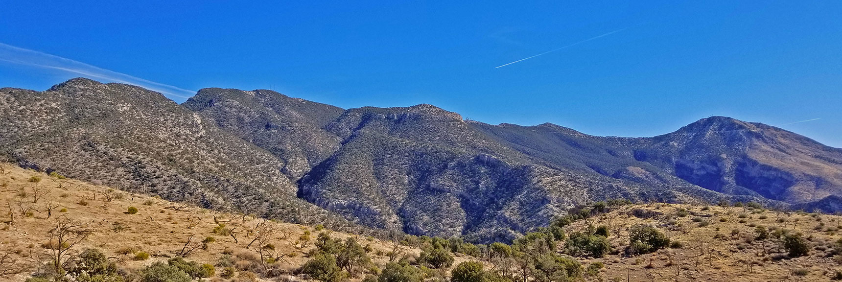 Now North, Mid and South Summits Are in View Along with Maintenance Road | Potosi Mt. Summit via Western Cliffs Ridgeline, Spring Mountains, Nevada