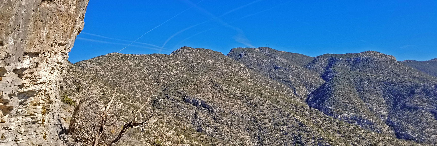 View of Summit Cliff Line from Niche Opening in 3rd Cliff Bluff | Potosi Mt. Summit via Western Cliffs Ridgeline, Spring Mountains, Nevada