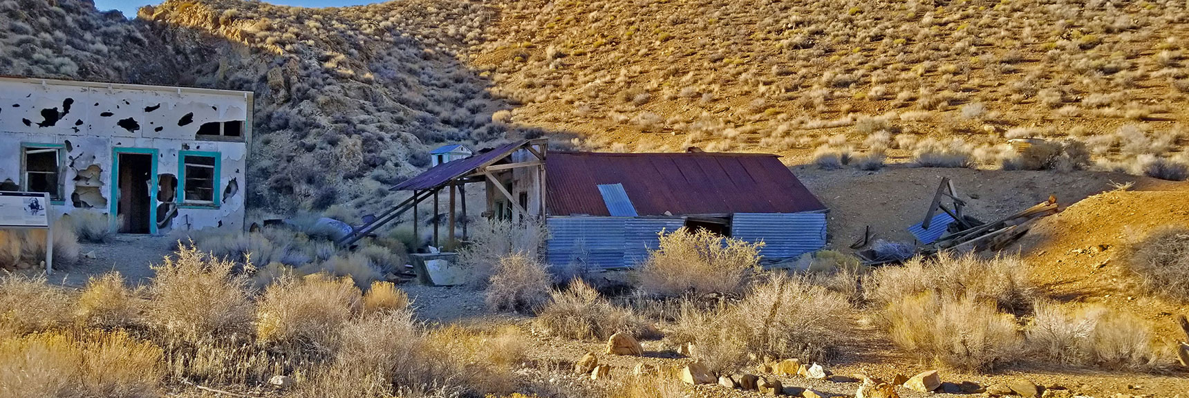 Pete Aguereberry's Home (center) and Outhouse Behind | Eureka Mine, Harrisburg, Cashier Mill, Death Valley, California