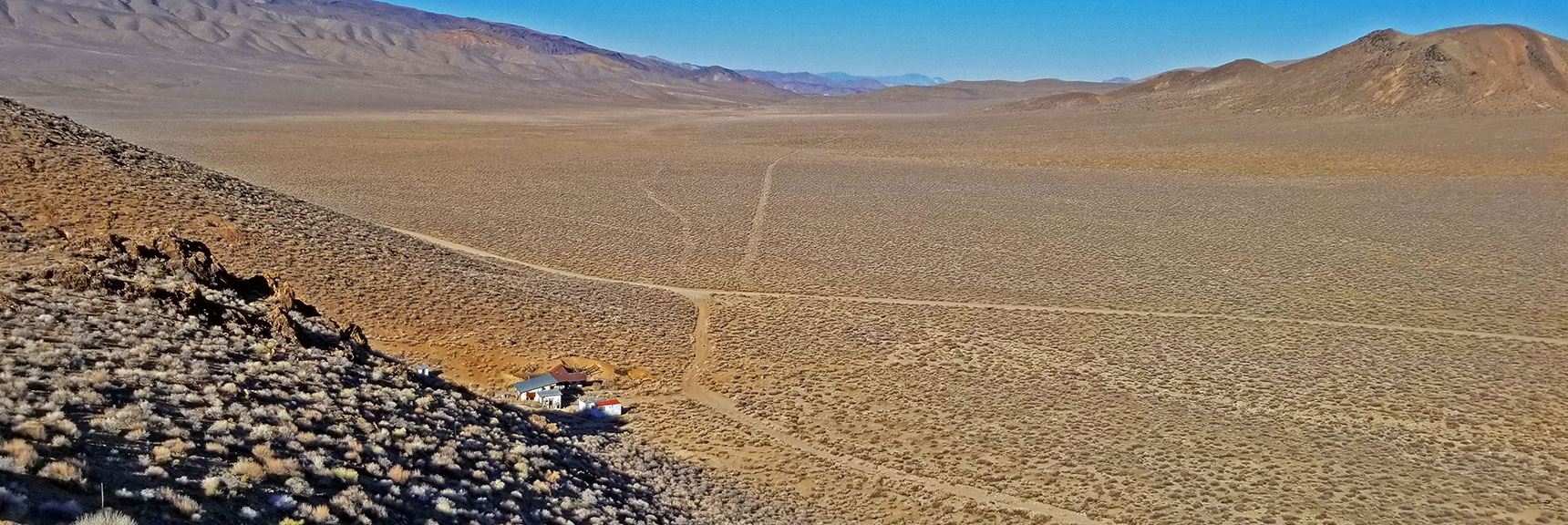 Pete Aguereberry's Cabins from Top of Providence Ridge. Old Approach Roads Still Visible | Eureka Mine, Harrisburg, Cashier Mill, Death Valley, California