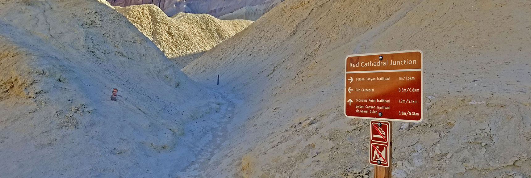 Arrival at Red Cathedral Junction. First Trail Junction in Golden Canyon. | Golden Canyon to Zabriskie Point | Death Valley National Park, California