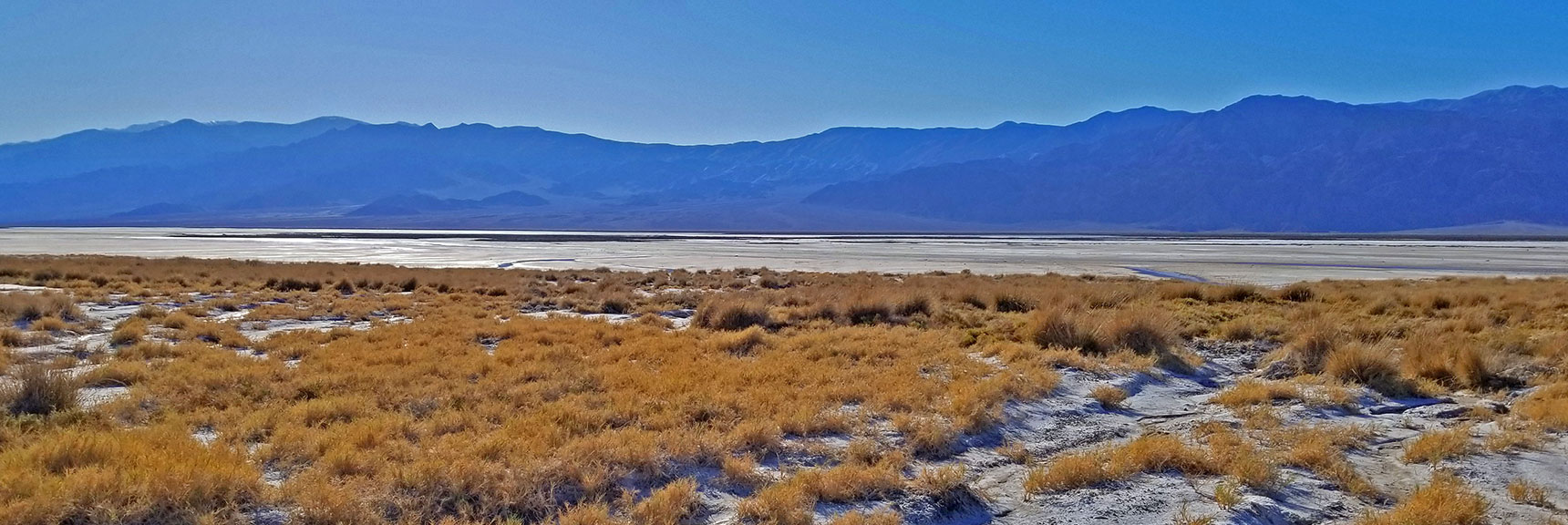View Across the Salt Grass Zone Toward the Temporary Lake in Death Valley. | Return of Lake Manly (Lake in Death Valley) | Death Valley National Park, California