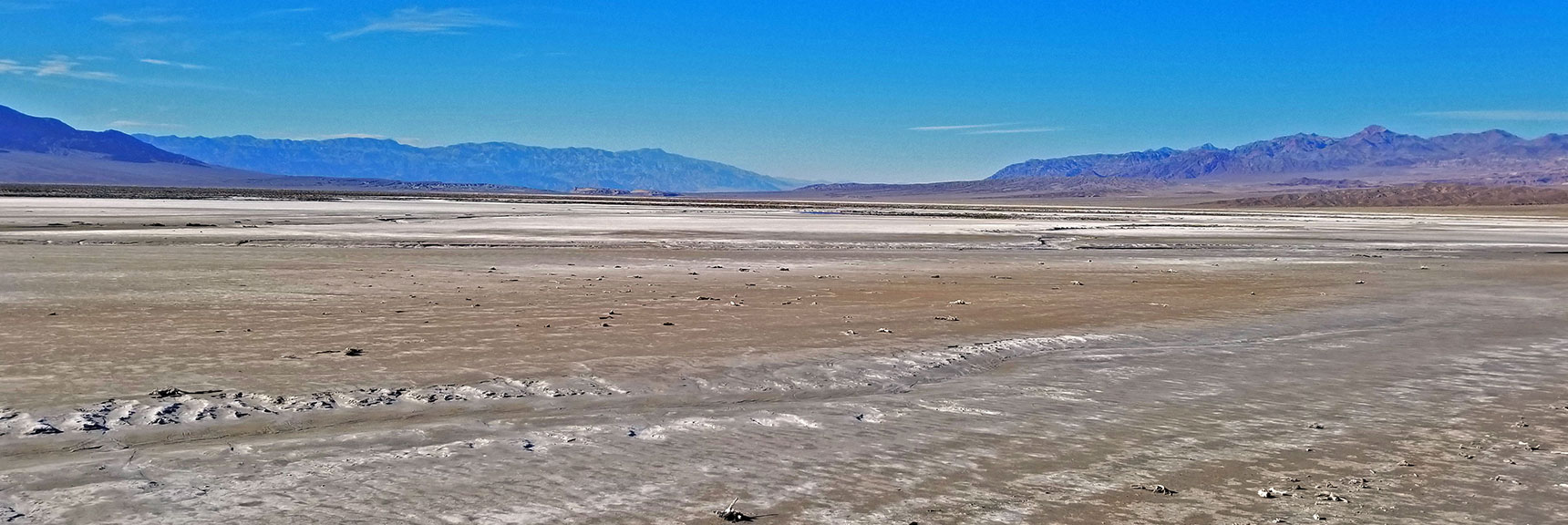 View North Across Salt Flats. Scattered Brush Gradually Dissolving into the Soil. | Return of Lake Manly (Lake in Death Valley) | Death Valley National Park, California