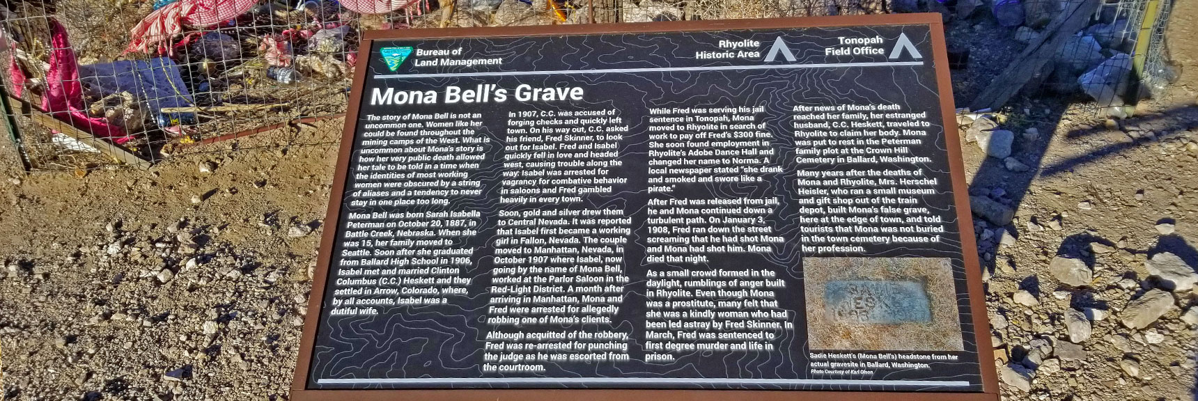 Mona Bell's Grave Interpretive Sign | Rhyolite Ghost Town | Death Valley Area, Nevada