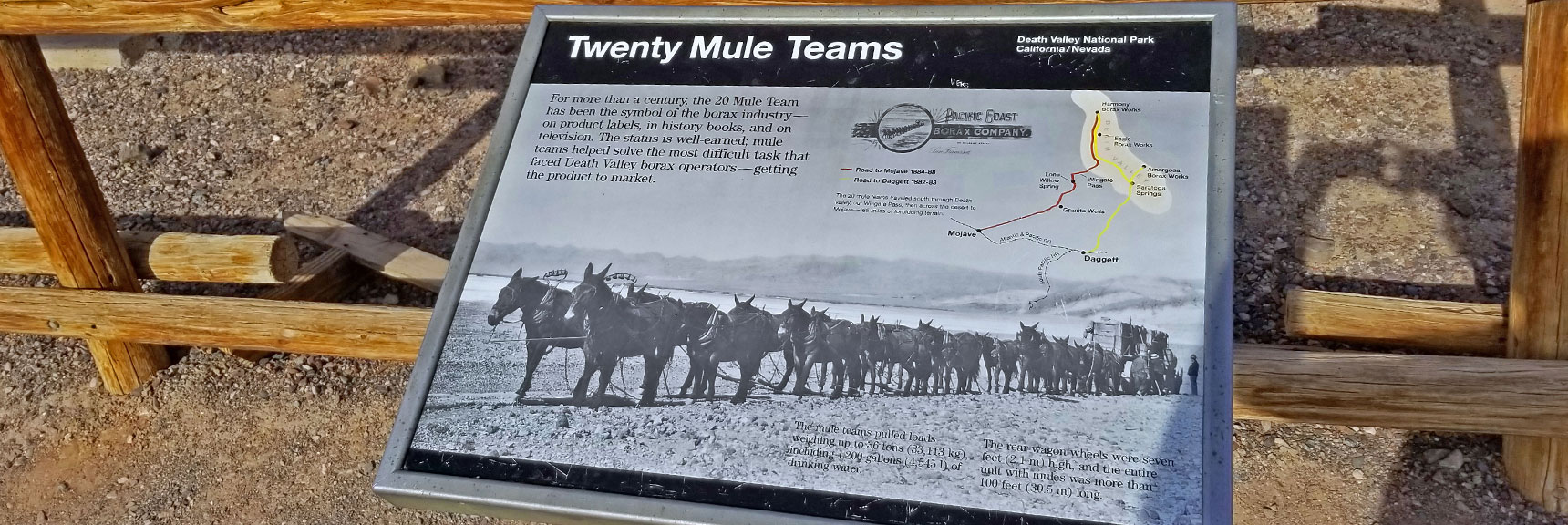 Historic Photo of 20 Mule Team with Map of Route to Mojave CA. | Twenty Mule Team Canyon | Death Valley National Park, California