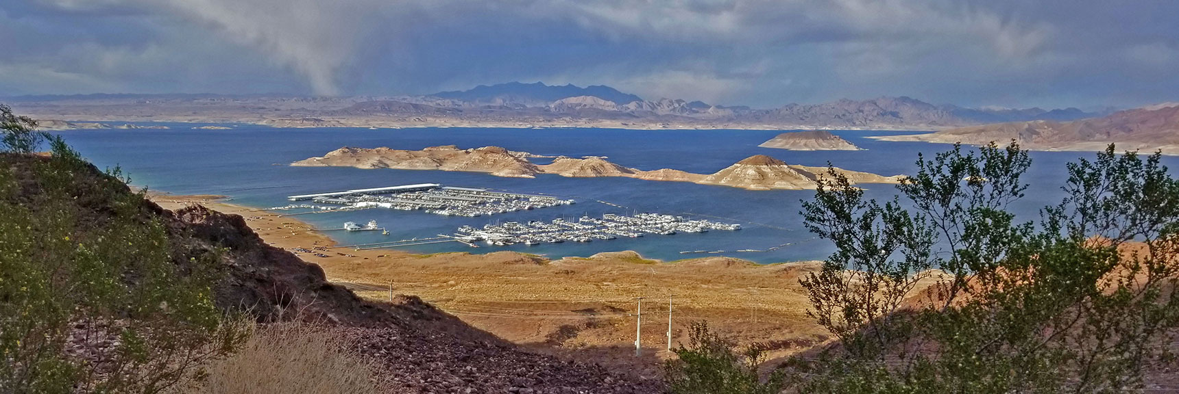 Marina and Islands in Lake Mead. Muddy Mountains Center Background | Historic Railroad Trail | Lake Mead National Recreation Area, Nevada