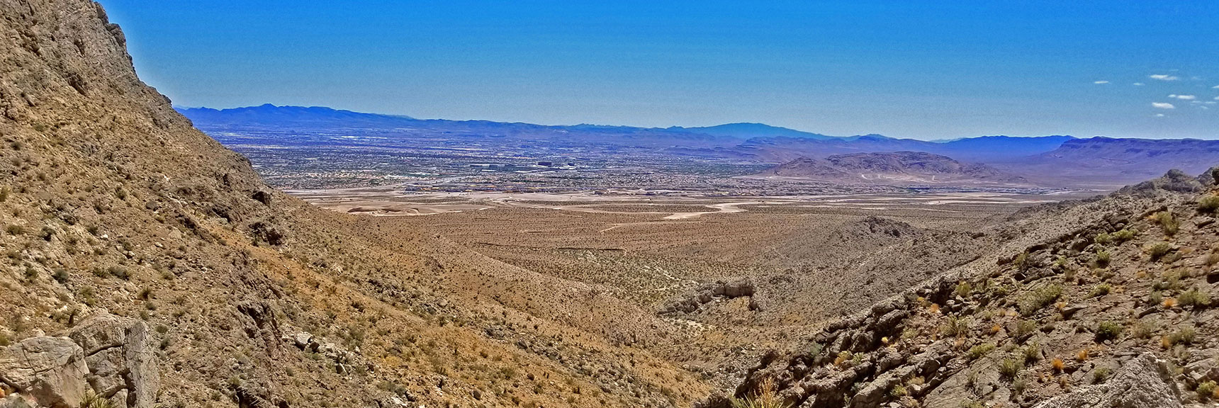 View Down Approach Saddle to Las Vegas Valley, Summerlin Area | Little La Madre Mt, Little El Padre Mt, Little Burnt Peak | Near La Madre Mountains Wilderness, Nevada