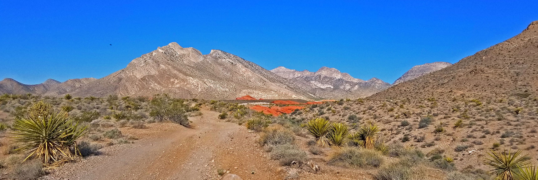 4WD Road System Leads to Little Red Rock at Base of Damsel Peak (center) | Little Red Rock Las Vegas, Nevada, Near La Madre Mountains Wilderness