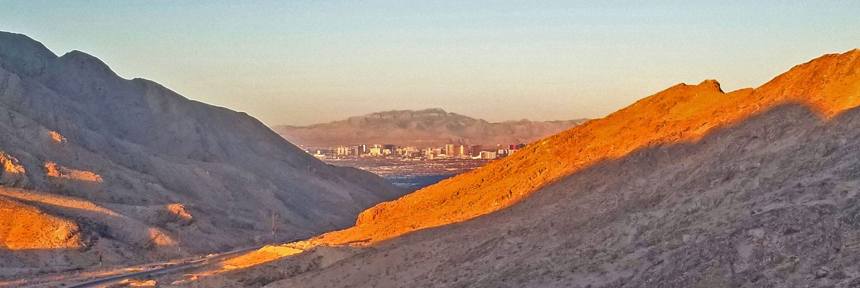 Las Vegas Strip, Potosi Mt. at Sunrise Viewed from Saddle on Trail Toward Sunrise Mountain | Sunrise Mountain, Las Vegas, Nevada