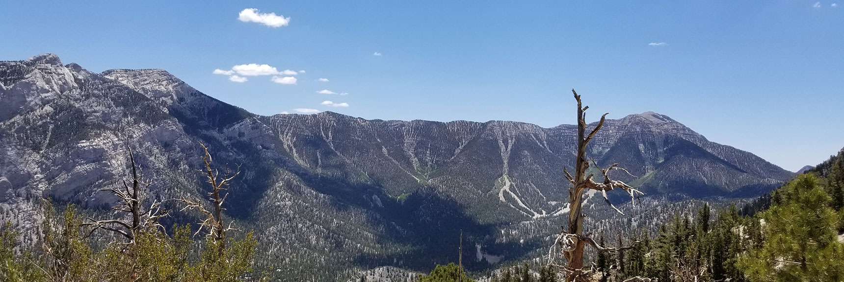 Large View of Upper Ridge of Kyle Canyon. Mummy Mt. (left); Lee and Charleston Peaks (right) | Lee Canyon to Kyle Canyon | Potential Routes | Mt Charleston Wilderness | Spring Mountains, Nevada
