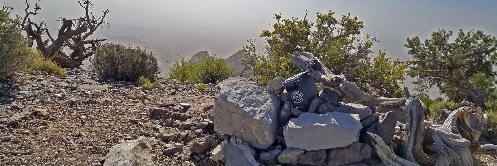 Summit Box on Mountain Springs Peak. Spectacular 360 Degree View Blocked by Haze | Rainbow Mountains Upper Crest Ridge, Nevada