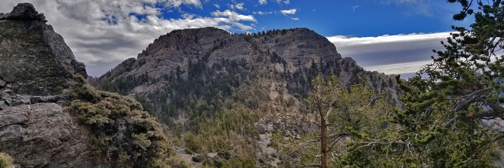 The Final Summit Approach is the Slope Between the Western (left) and Eastern (right) Cliff Summits. | The Sisters South | Lee Canyon | Mt Charleston Wilderness | Spring Mountains, Nevada