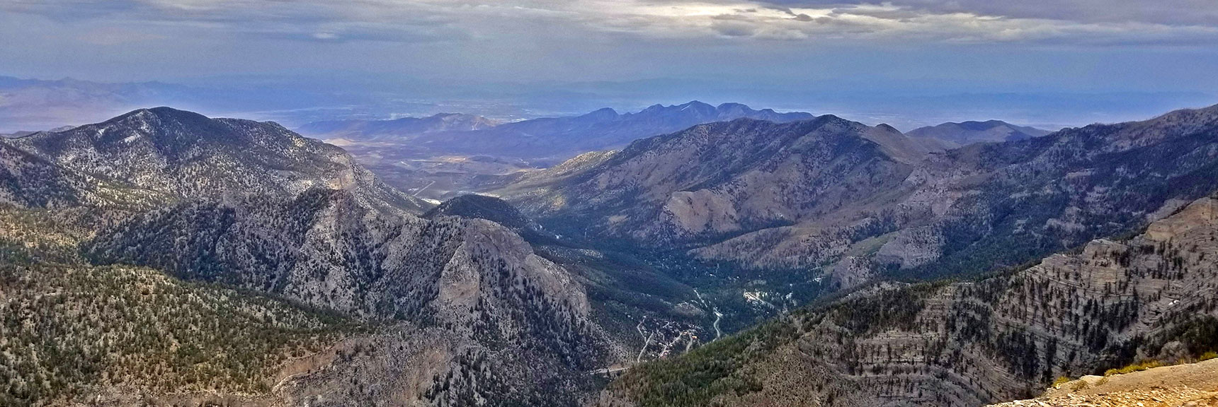 Best View of Kyle Canyon is Before Reaching Charleston Peak Summit - Framed by Harris Mt. and Fletcher Peak. | Lee and Charleston Peaks via Lee Canyon Mid Ridge | Mt Charleston Wilderness | Spring Mountains, Nevada