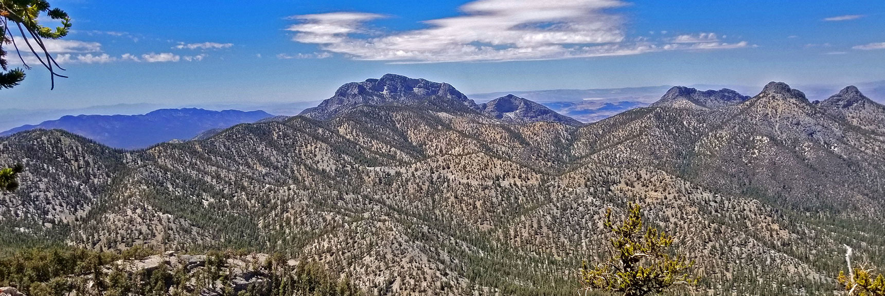 McFarland Peak (left), Mack's Peak, Sisters South and North from Descent Ridge Viewpoint | Lee to Kyle Canyon | Foxtail Approach | Mt Charleston Wilderness | Spring Mountains, Nevada