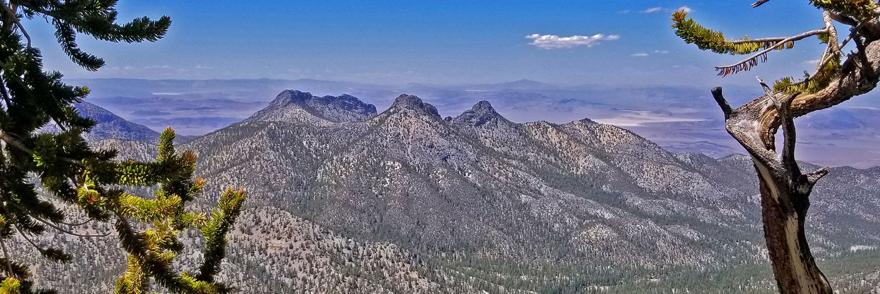 Sisters South (left) North and Black Rock Sister Visible from Viewpoint Detour on Mid Ridge | Lee to Kyle Canyon | Gradual Mid Ridge Approach | Mt. Charleston Wilderness | Spring Mountains, Nevada