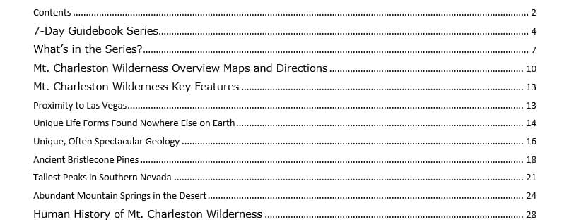 Table of Contents Part 1 | Mt. Charleston Wilderness 7-Day Guide Book | La Vegas Area Trail