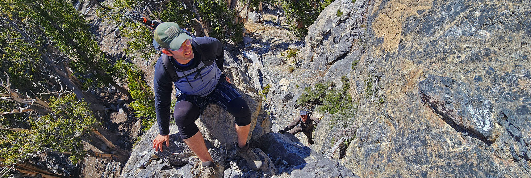 John and Greg Ascending the Class 3-4 Limestone Crack | Sisters South to the Sisters North | Mt. Charleston Wilderness | Spring Mountains, Nevada