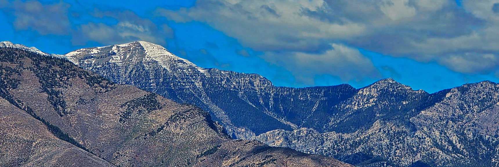 Charleston Peak (left), Lee Peak (right) at Upper End of Kyle Canyon | La Madre Mt North Ridge | La Madre Mountains Wilderness, Nevada
