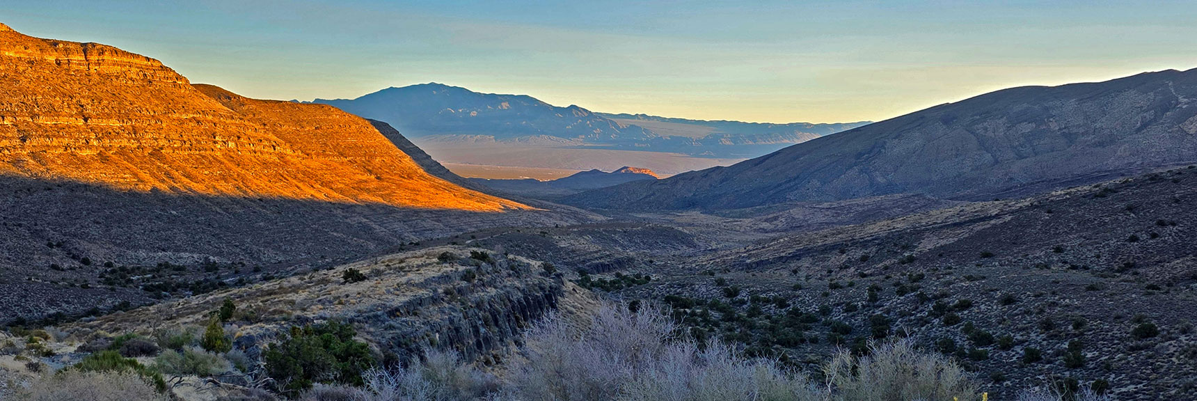 Higher View Back Down Approach Valley. Sheep Range Far Background. | La Madre East Ridge Approaches | La Madre Mountains Wilderness, Nevada