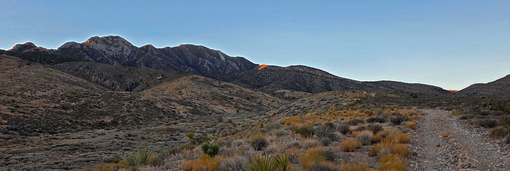 Sunlight on North Ridge Ahead Marks Ascent Point Through Limestone Ledges | North Ridge Loop | La Madre Mountains Wilderness, Nevada