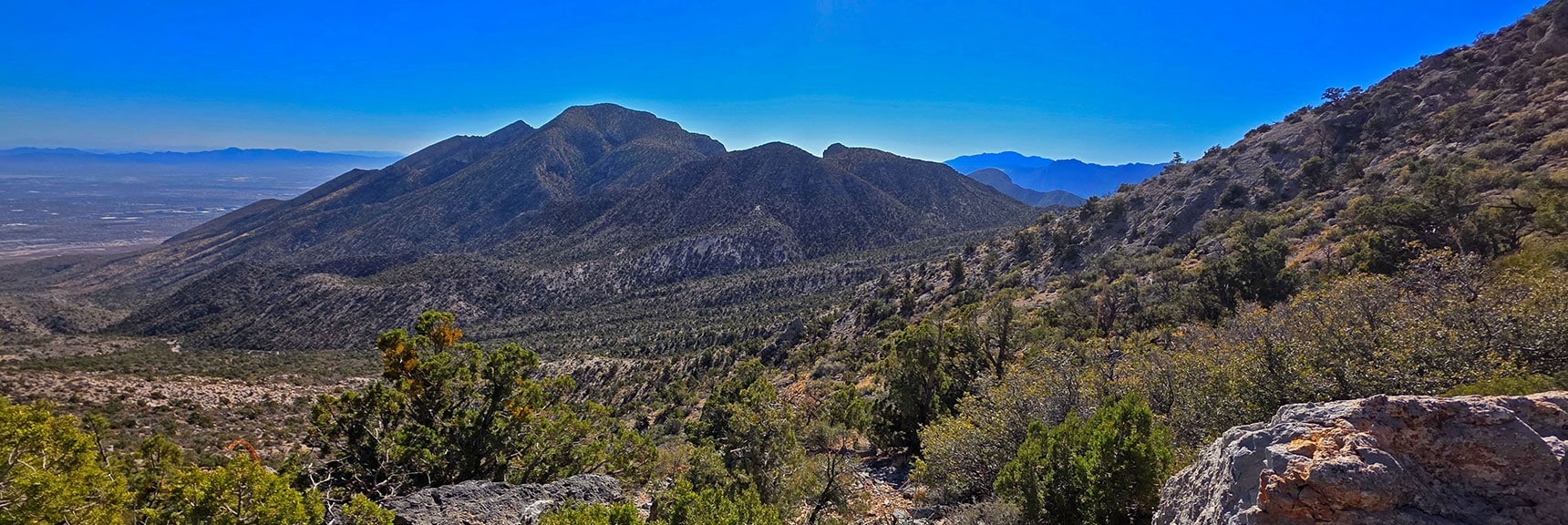 Arrival on the Saddle! Damsel Peak (left) & Gateway Peak (right) Appear South | La Madre Ridgeline East Saddle | La Madre Mountains Wilderness, Nevada