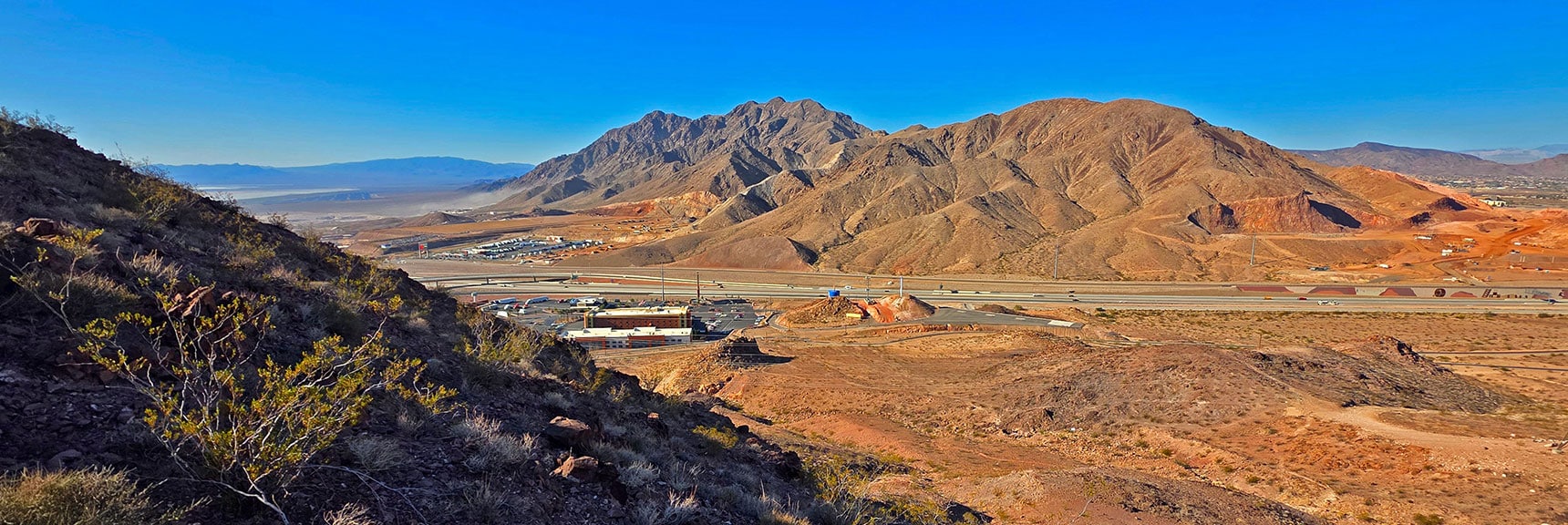 Looking Back Down Rapid Ascent to Railroad Mts. Across I-11 | Leaning Arch Loop | River Mountains | Lake Mead NRA, Nevada