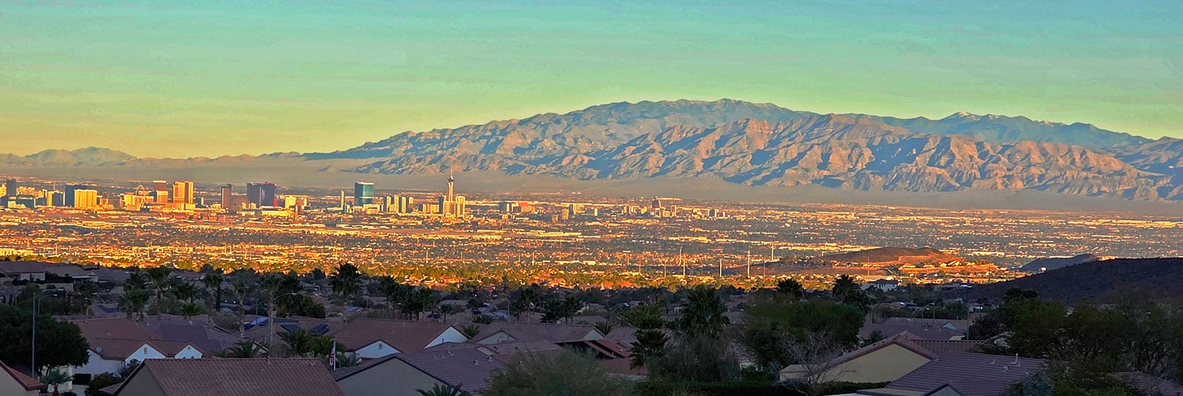 Vegas Strip with Gass Peak and Sheep Range Background. | Black Mountain North Loop | McCullough Hills | Sloan Canyon National Conservation Area, Nevada