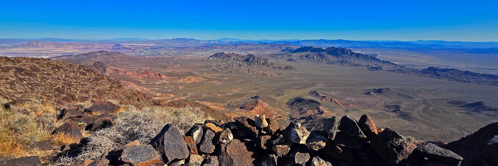 King, Queen & Jack Peaks (below left); Railroad Mts. (right). | Black Mountain North Loop | McCullough Hills | Sloan Canyon National Conservation Area, Nevada