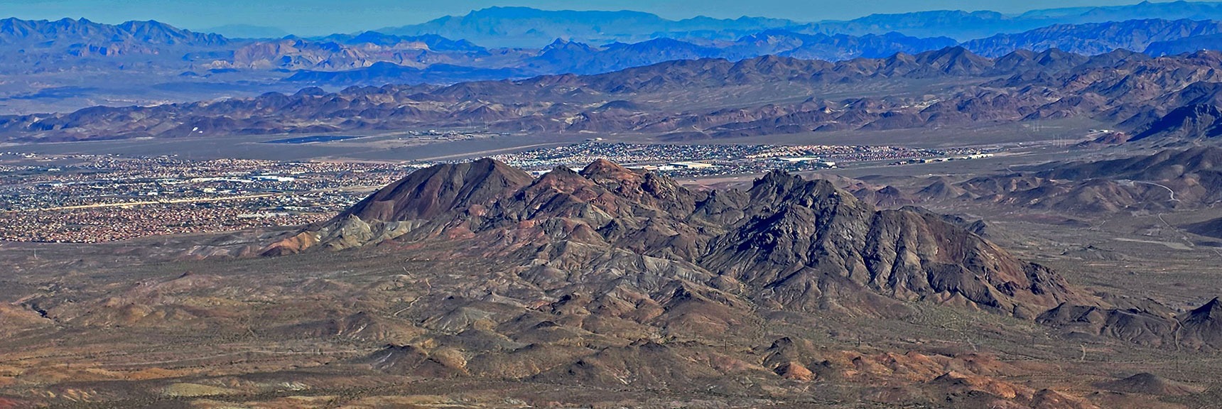 King, Queen & Jack Peaks Below; River Mts. Background. | Black Mountain North Loop | McCullough Hills | Sloan Canyon National Conservation Area, Nevada